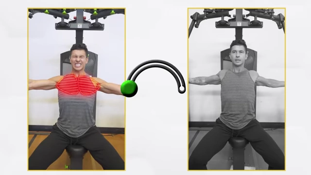 A pec fly machine illustrating how a simple knob adjusts the resistance profile to make the exercise hardest in either the stretched or squeezed position.