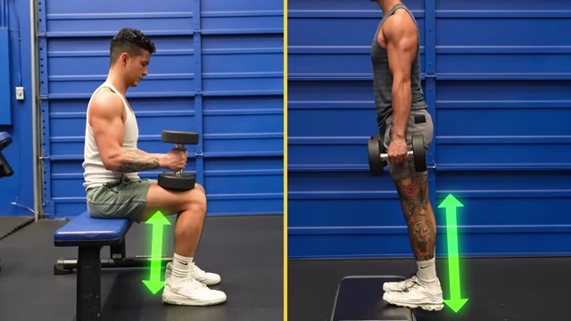 Comparison of seated versus standing calf raises, showing how standing calf raises allow for a greater degree of stretch in the calves.
