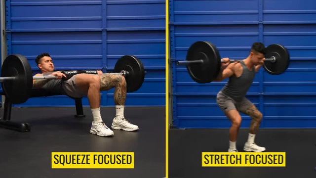 Comparison of a squeeze-focused hip thrust versus a stretch-focused squat, illustrating that both can be effective for glute growth.