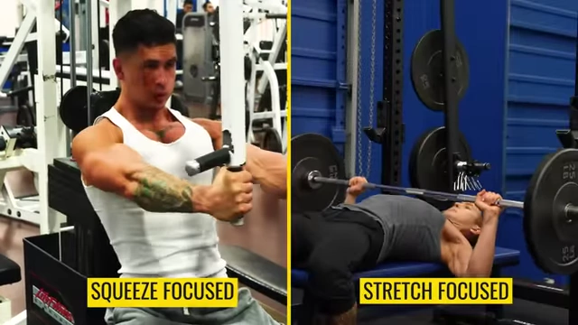 Comparison of a squeeze-focused chest fly versus a stretch-focused bench press, suggesting both can be effective for chest growth.