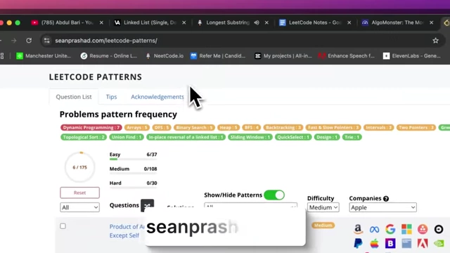 Screenshot of Sean Prashed's LeetCode Patterns website filtered by company