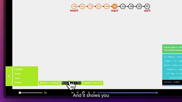 Animation showing linked list operations and corresponding code on visualgo.net
