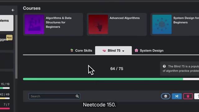 NeetCode.io interface showing progress on the Blind 75 problem list
