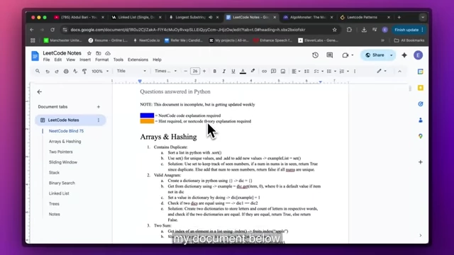 Google Docs 'LeetCode Notes' showing color-coded questions and explanations