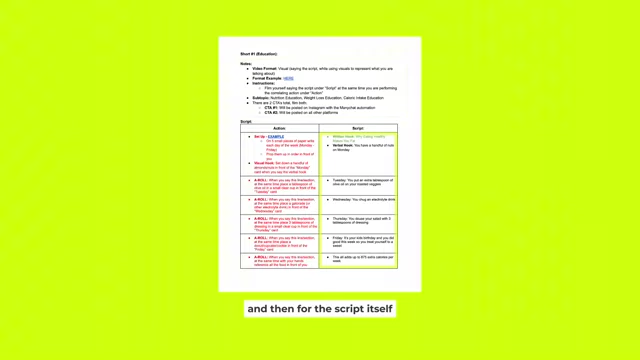 Structured video script organization with sections for setup, action cues, and dialogue