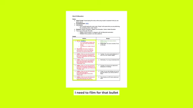 A closer look at a video script, showing specific action cues for filming alongside the script