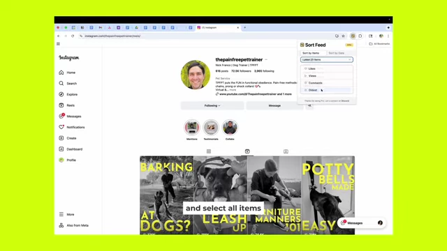 Using the Sortfeed Chrome extension to organize a creator's videos by views for outlier research