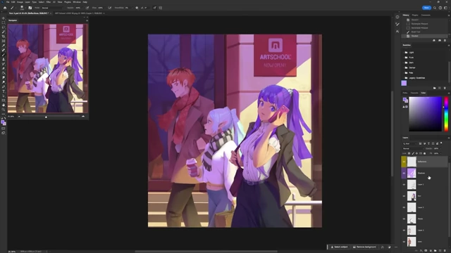 The final rendered digital painting of three characters on a city street, created without an initial line art sketch.