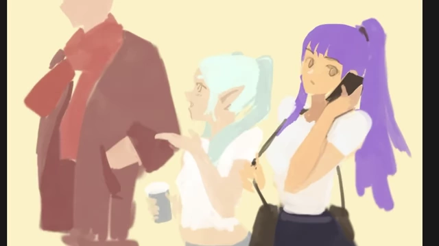 Early stage of a digital painting, blocking in multiple characters with rough values and colors.
