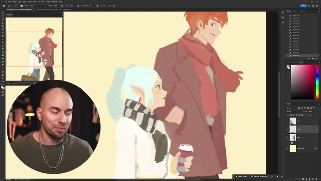 Adjusting the composition and character placement during the early stages of a no-sketch painting.