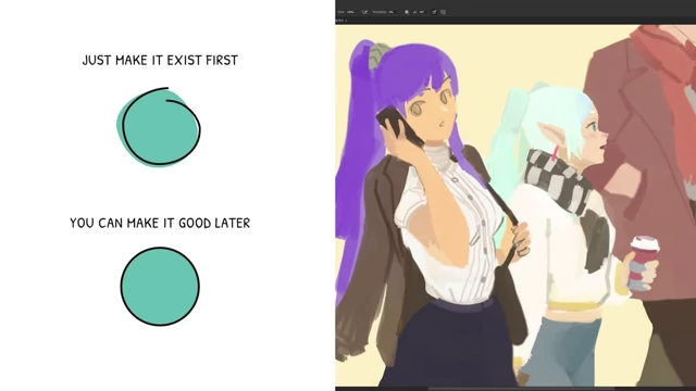 The principle of 'Just make it exist first, you can make it good later' illustrated next to a work-in-progress digital painting.
