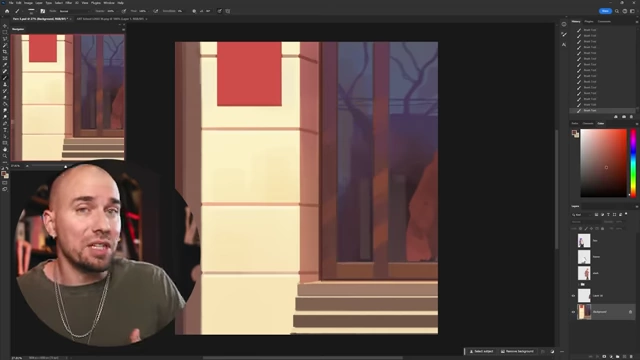 Blocking in background elements with broad shapes and colors, demonstrating the ease of alteration without a rigid sketch.