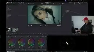 The DaVinci Resolve interface showing color wheels, scopes, and a video clip