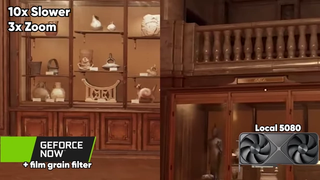 Split screen comparison of GeForce NOW vs Local 5080 for Indiana Jones, highlighting the film grain effect on GeForce NOW