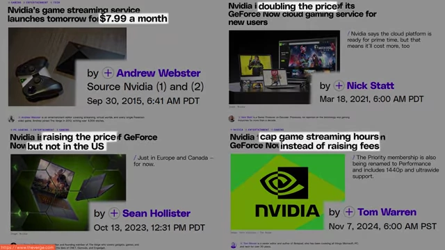 News headlines showing historical price changes for GeForce NOW
