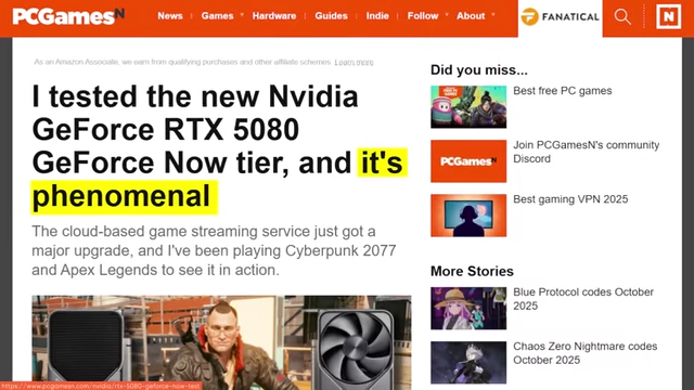 News article headline stating GeForce NOW's RTX 5080 tier is "phenomenal"