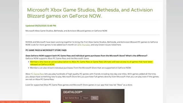 Text explaining Microsoft Xbox Game Pass support on GeForce NOW