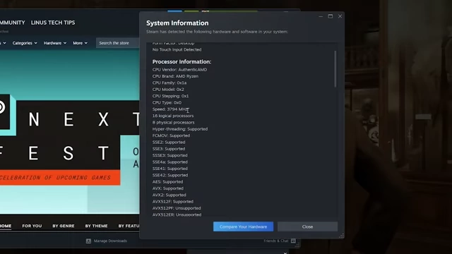 System information displaying CPU details like 8 physical cores and 16 logical processors