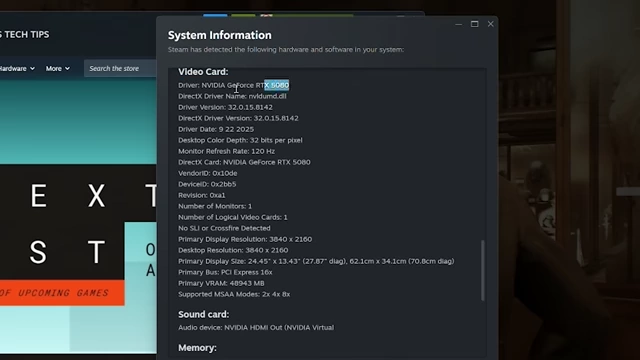 System information displaying GPU as RTX 5080 with 48943 MB VRAM