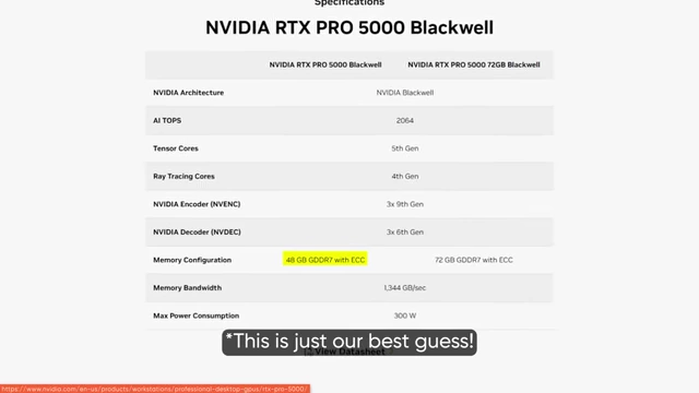 Specifications for NVIDIA RTX PRO 5000 Blackwell, showing 48 GB GDDR7 memory