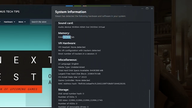 System information displaying 57324 MB of RAM