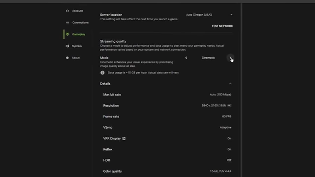 GeForce NOW streaming quality settings, with Cinematic mode selected at 100 Mbps