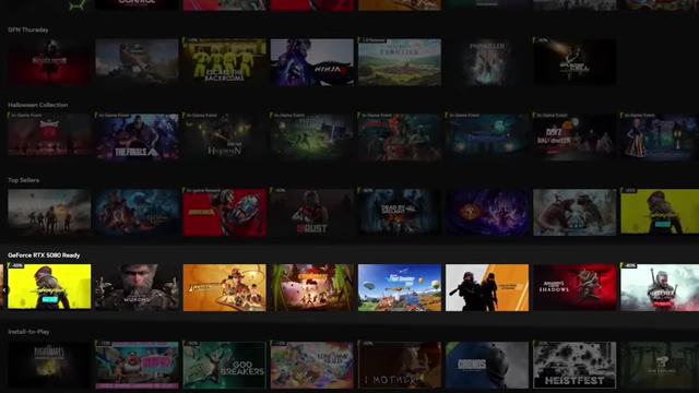 GeForce NOW game library displaying a "GeForce RTX 5080 Ready" section