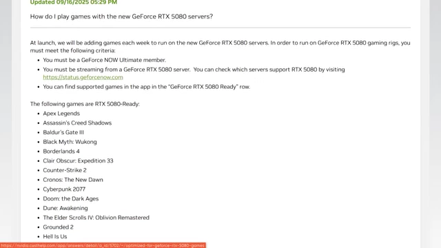 NVIDIA support article listing games "RTX 5080 Ready"