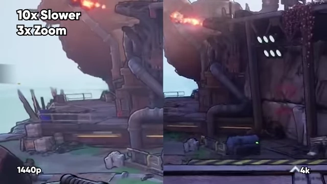 Split screen comparison of Borderlands 4 gameplay at 1440p vs 4K (10x slower, 3x zoom)