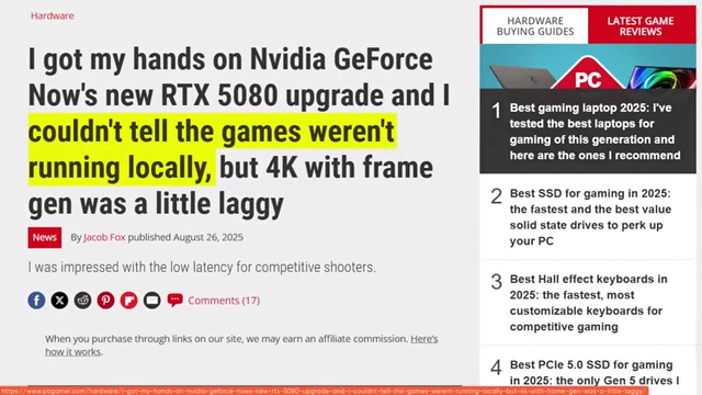 News article headline on GeForce NOW's RTX 5080 tier, mentioning low latency for competitive shooters