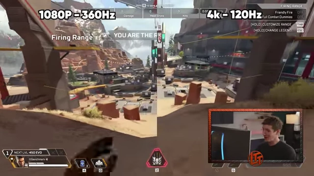 Split-screen comparison of Apex Legends at 1080p 360Hz versus 4K 120Hz