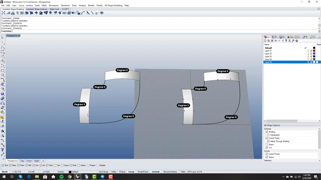 Initial setup showing two similar sets of input curves for testing surfacing commands, illustrating easy and mixed-degree cases.
