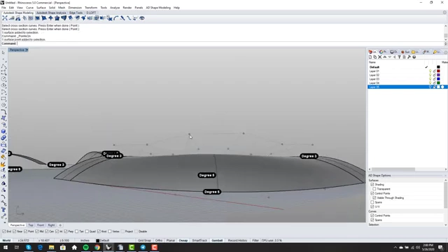 Sweep 2 result with "Simple Sweep" enabled, producing a single-span surface but with slightly displaced control points that create an odd shape.