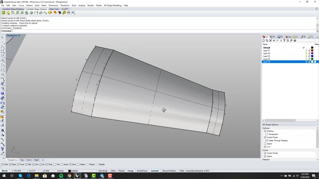 `Loft` command used on two profile curves, generating a clean, single-span surface suitable for wing-like geometries.