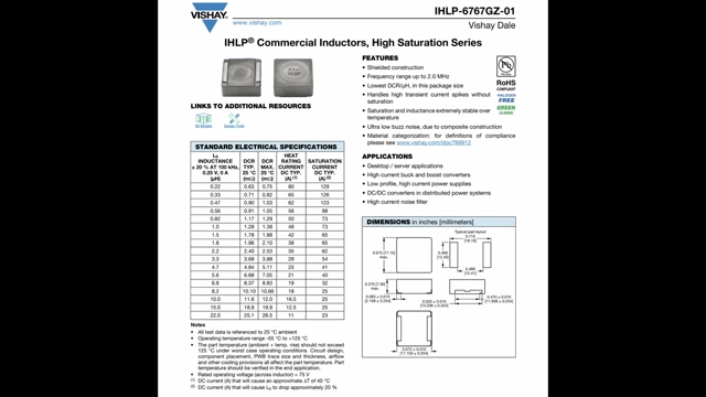 A datasheet for "Commercial Inductors, High Saturation Series," showing a maximum rated voltage of 75V