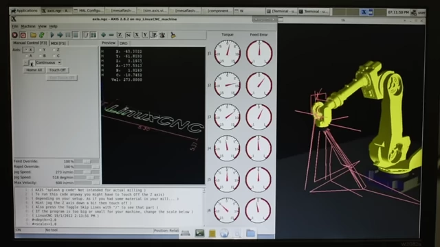 A screenshot of the LinuxCNC user interface controlling a simulated robot arm