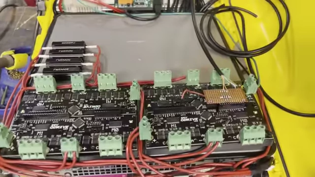 Two O-drive circuit boards, partially wired on a workbench