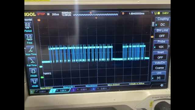 An oscilloscope screen displaying a complex waveform of encoder data