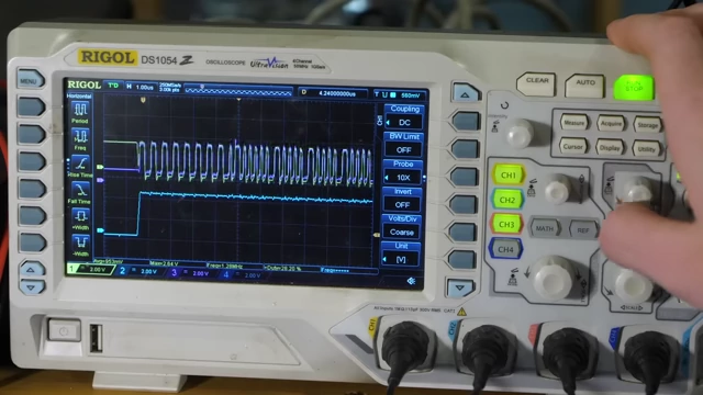 An oscilloscope showing the FPGA module successfully sending a request and decoding the response