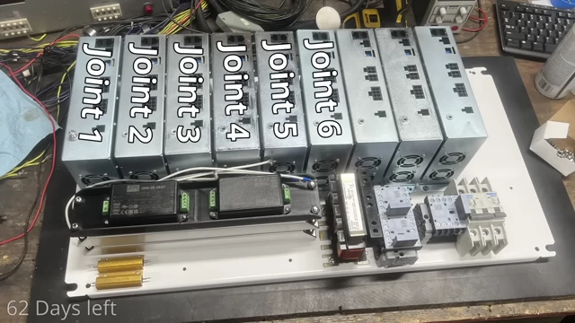 The back mounting plate of the controller with nine servo drives screwed down, labeled by their respective joints