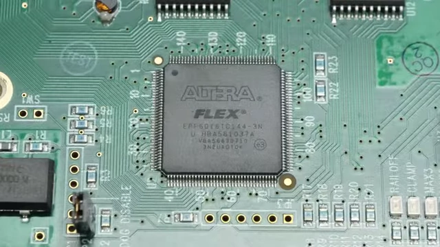 A close-up of an Altera FPGA chip on the 6D mouse's circuit board