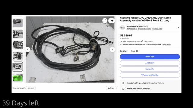 An eBay listing for a Yaskawa robot cable priced at $89.99