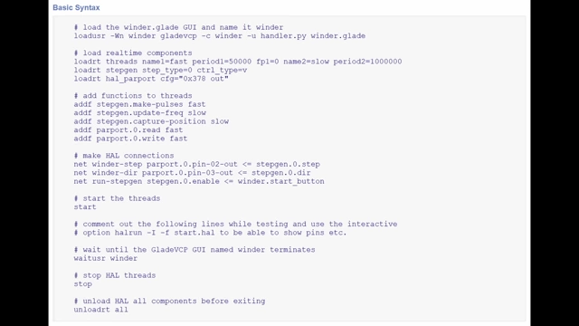 A screenshot displaying basic syntax for LinuxCNC configuration