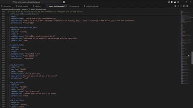 A screenshot of a YAML device descriptor file defining communication variables