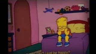 An image of Bart Simpson looking sad and contemplative, captioned "why can't I just be happy?", illustrating the creator's emo phase.