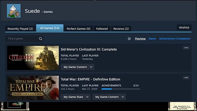 玩家在Steam上《文明3》的游戏时长截图