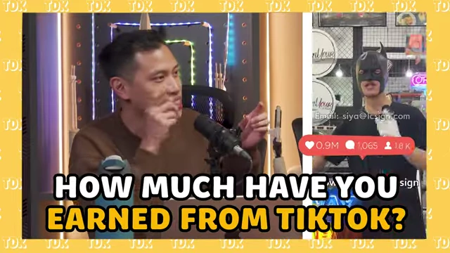 A host asks Tony how much he earned from TikTok, overlaid with a clip of Tony dressed as Batman in a viral video.