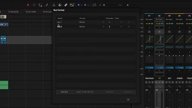Fairlight Bus Format Dialog for Adding and Renaming Buses