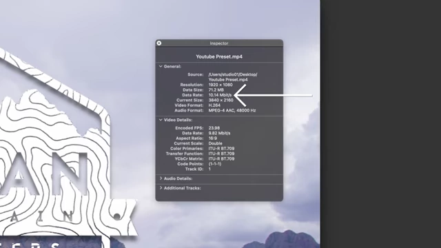 Example of a Video's Data Rate in Inspector