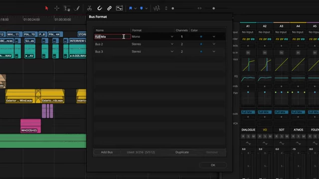 Custom Fairlight Buses for Dialogue (DX), Sound Effects (SFX), and Music (MX)